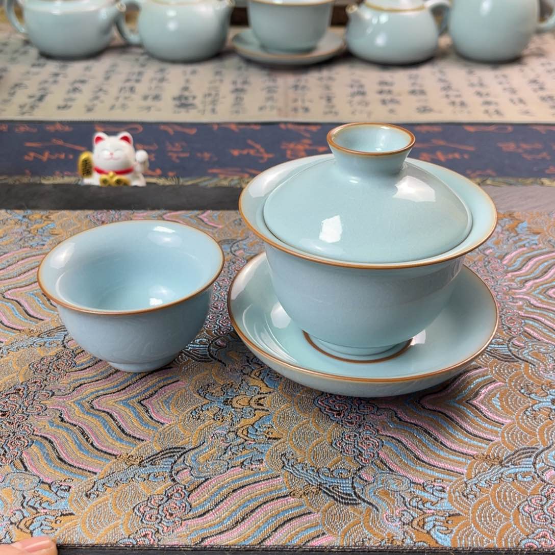 松*天青色元宝盖碗➕4个压手 不开片