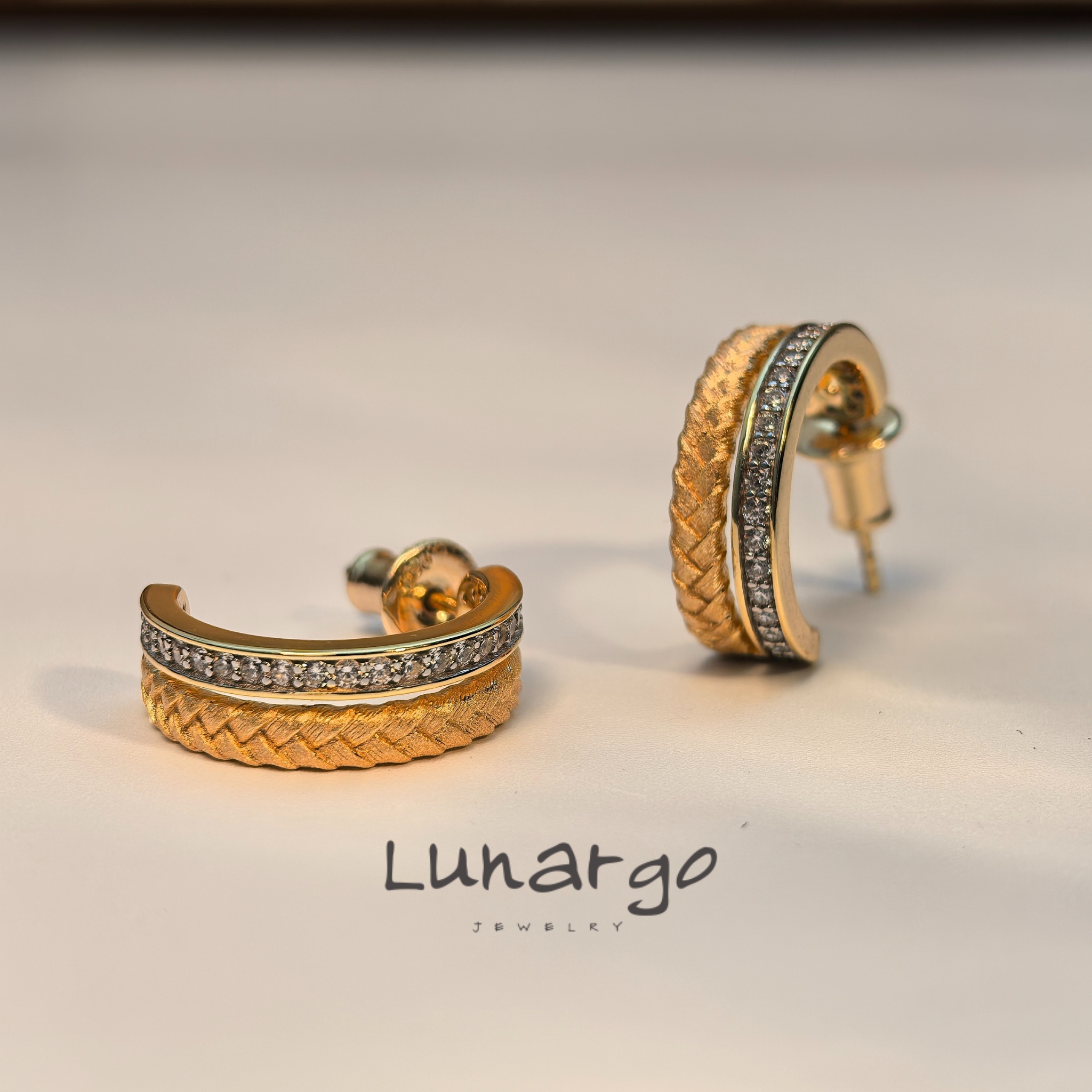 925银合成锆石耳饰 Lunargo澜歌镀18k金手工拉丝双色耳饰
