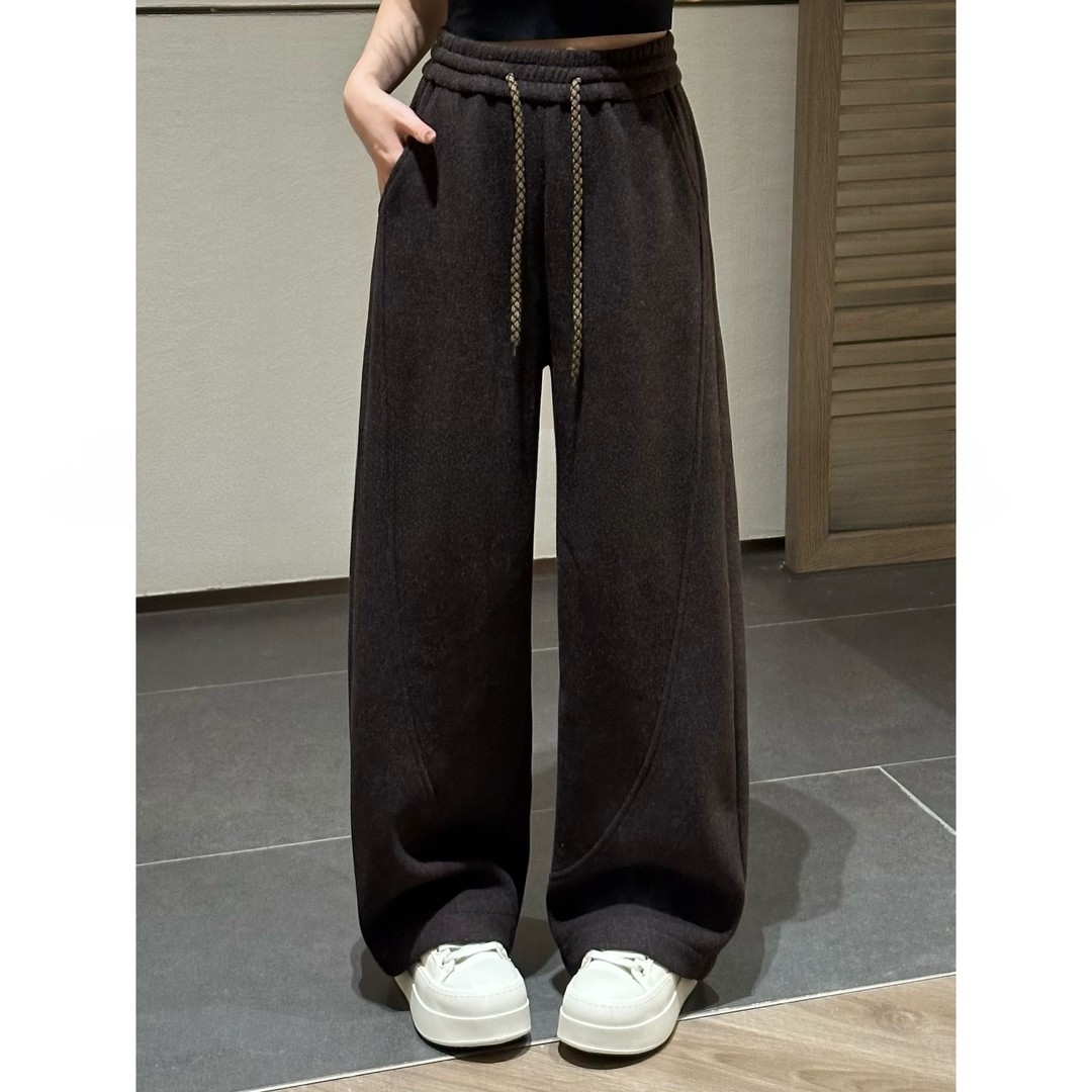 冬季复古慵懒风宽松垂感松紧腰直筒撞色抽绳加绒加厚休闲阔腿裤女