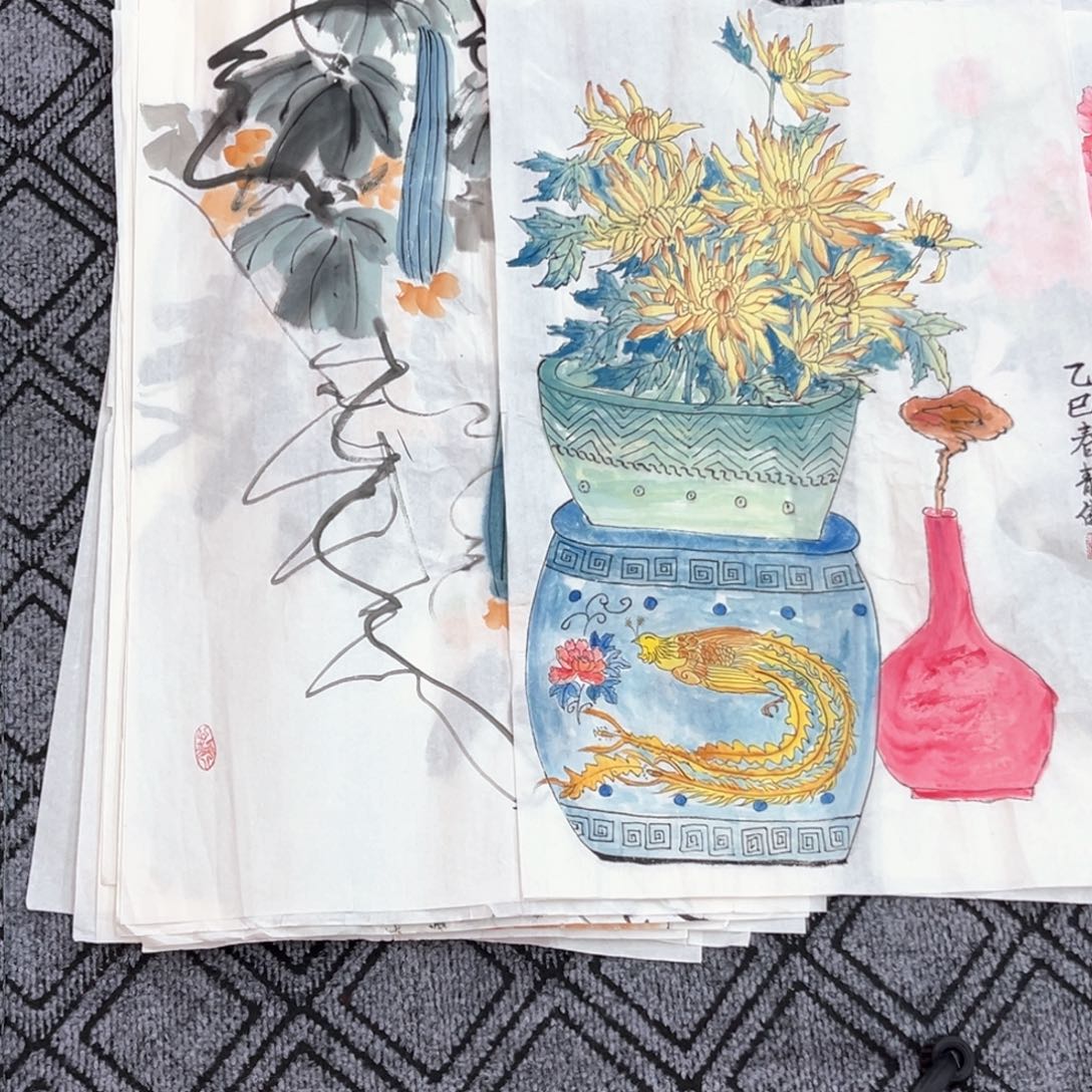 国画静怡老师四尺三开花鸟作品赵