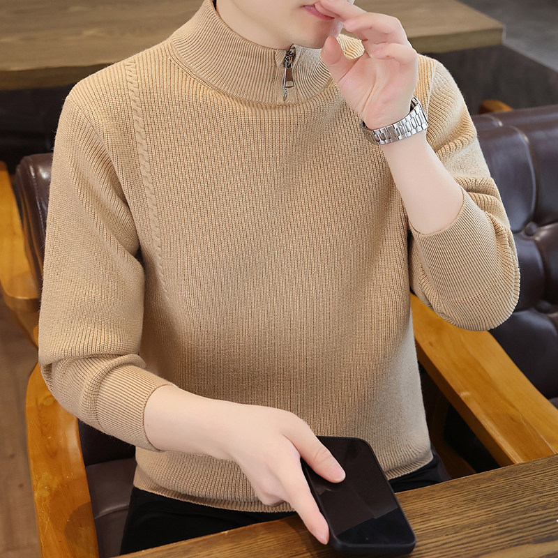 秋冬季男士本命年大红色打底毛衣纯色时尚立领针织衫内搭1192