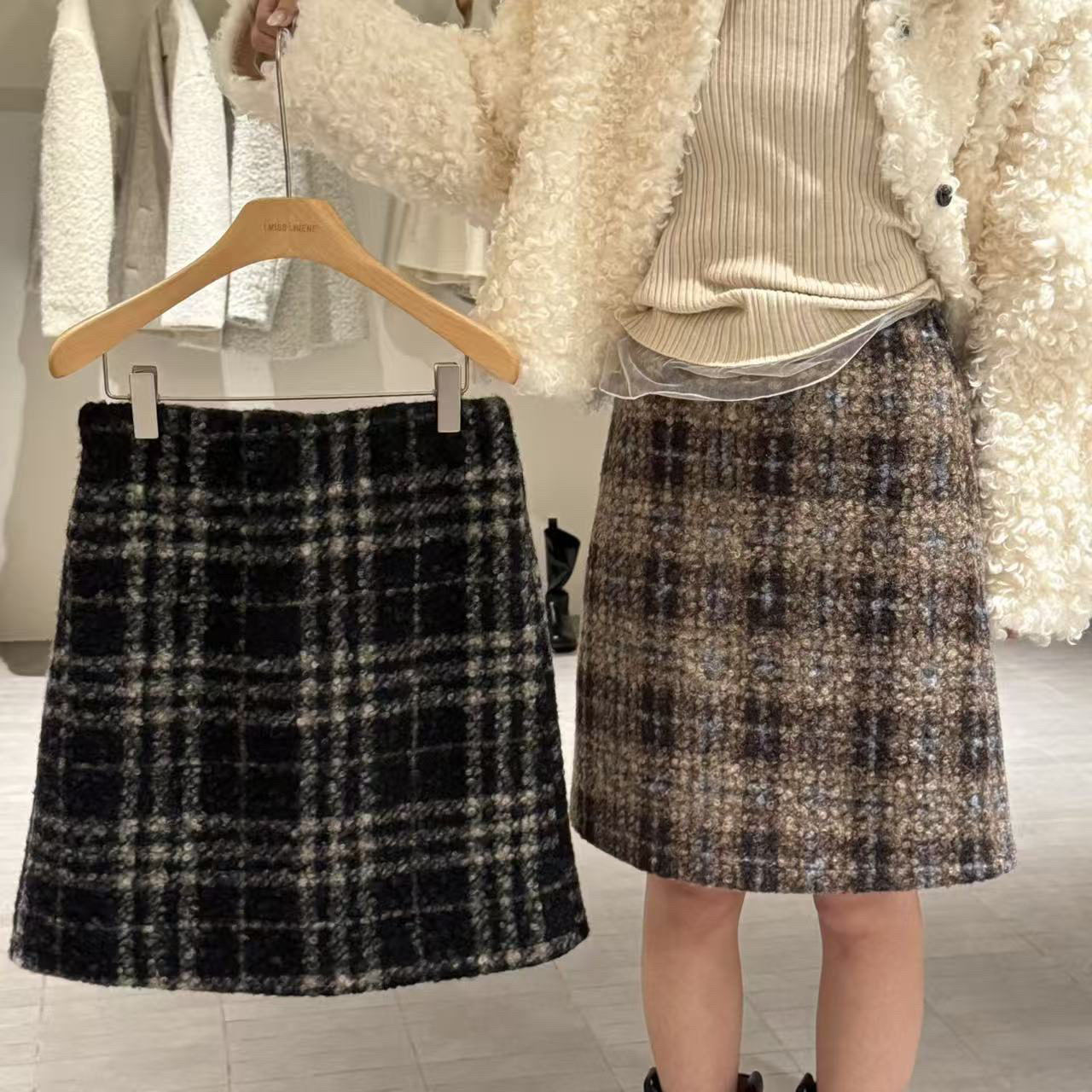 81265 （加绒）韩系复古毛呢格子半身裙