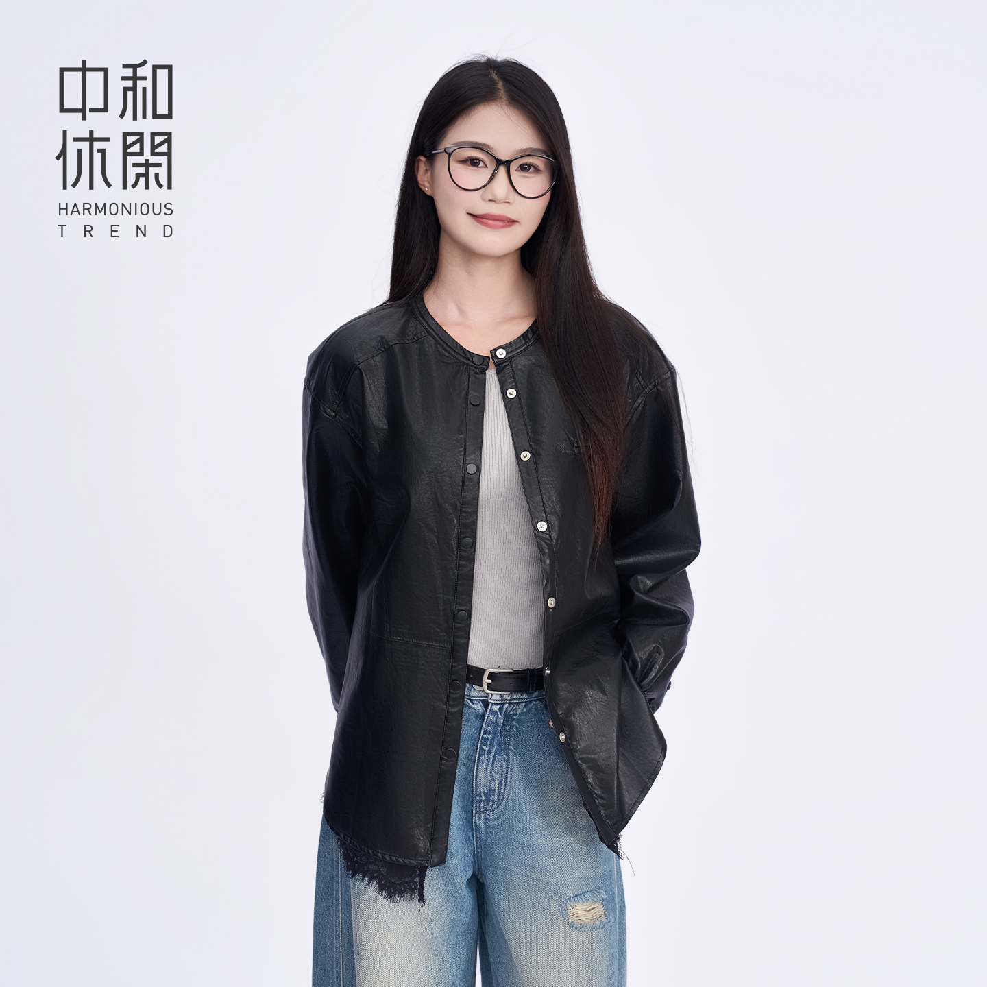中和休闲圆领皮衣女2025秋季新款超好看流行蕾丝拼接夹克衬衫外套