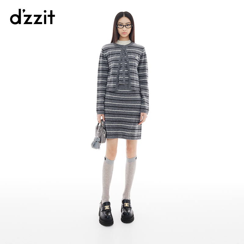 dzzit地素长袖针织衫秋冬100%绵羊毛假两件设计条纹女3I4E523