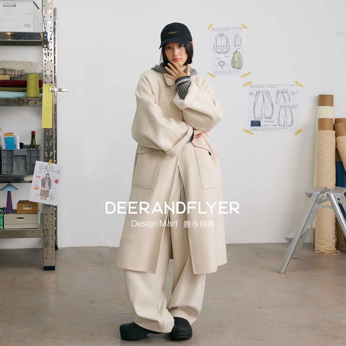 鹿与飞鸟“温暖壁炉”含莱赛尔&山羊绒&羊驼毛 长款羊毛大衣7231