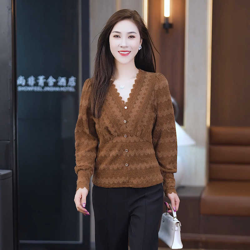 长袖蕾丝衫女秋季2025新款女士收腰v领上衣春秋时尚短款打底小衫