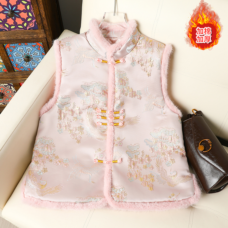 冬季马夹女立领复古加绒中国风春季女款中式刺绣马甲加厚保暖上衣