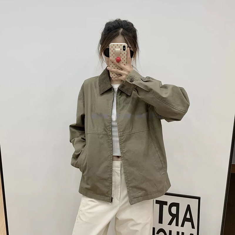 秋新款男女情侣款巴恩风灯芯绒拼接复古翻领休闲拉链夹克茄克外套