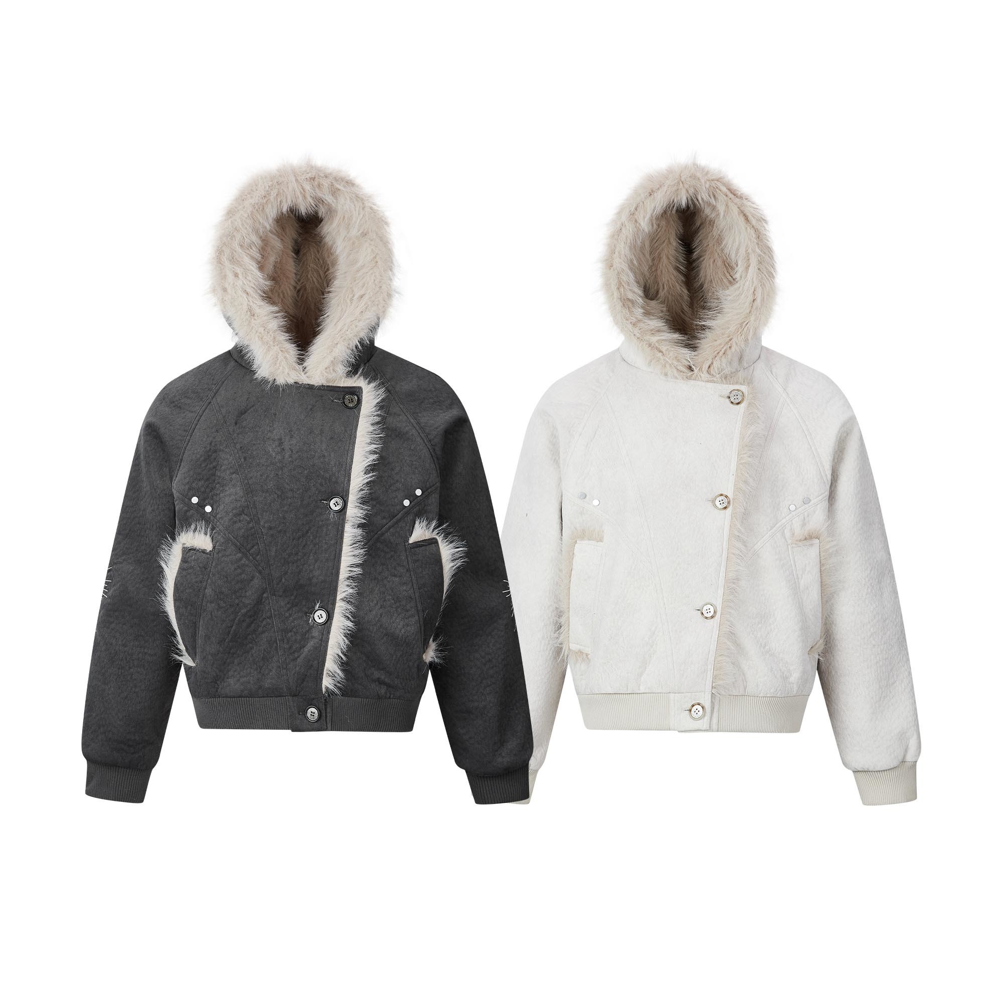 TOM潮 美式街头风大毛领座山雕结构风棉衣短外套加绒加厚冬季2025