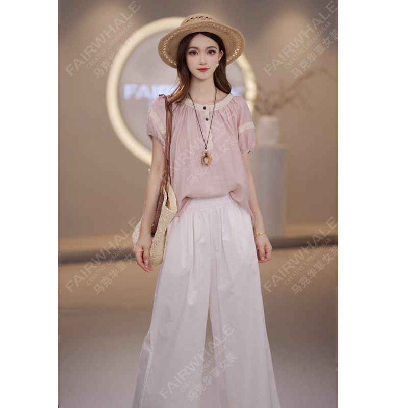 马克华菲女装夏季2025法式蕾丝拼接短袖气质衬衫减龄休闲上衣舒适