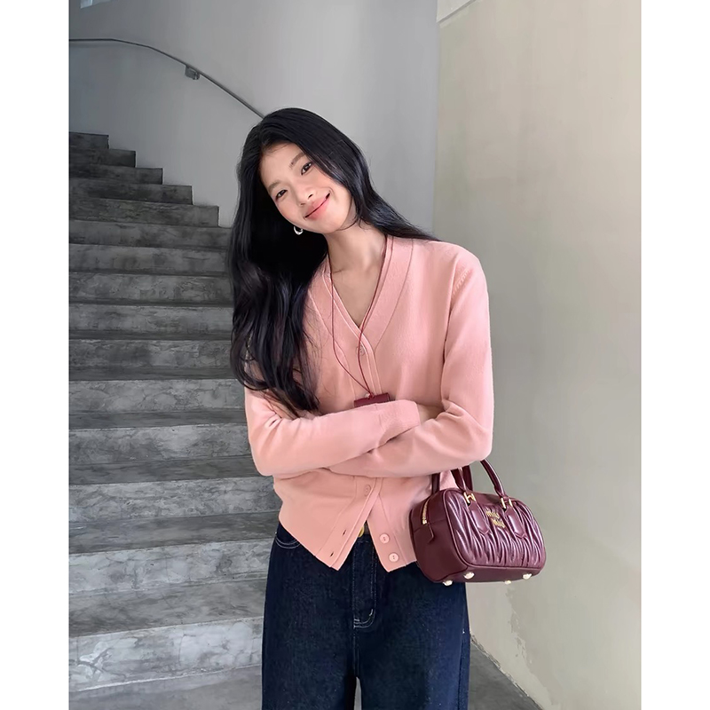 【安可拉红】双层领开衫外套3649超柔软高品质V领针织毛衣