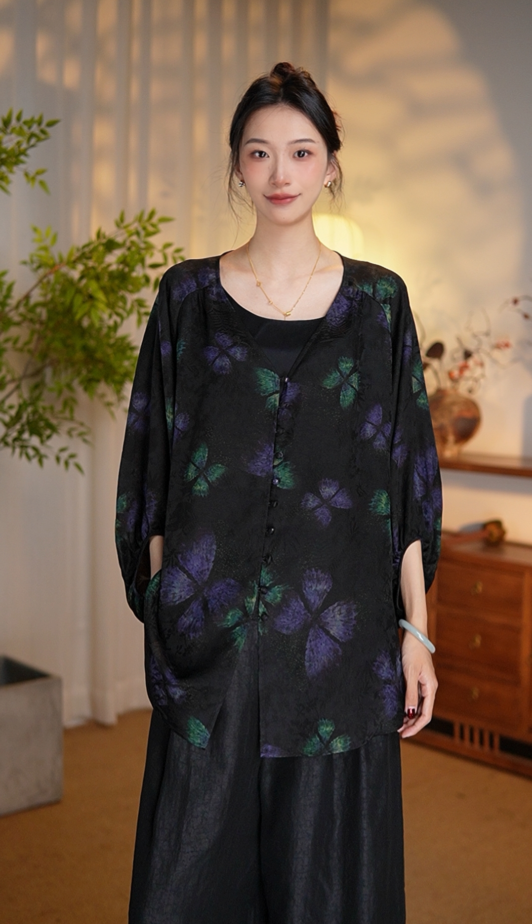 【蝴蝶】桑蚕丝红云纱长袖简约宽松休闲印花夏季薄款上衣衬衫