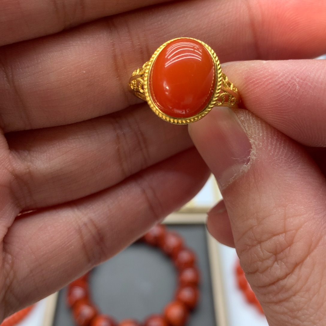 南红玛瑙戒指银S925镀金镶嵌