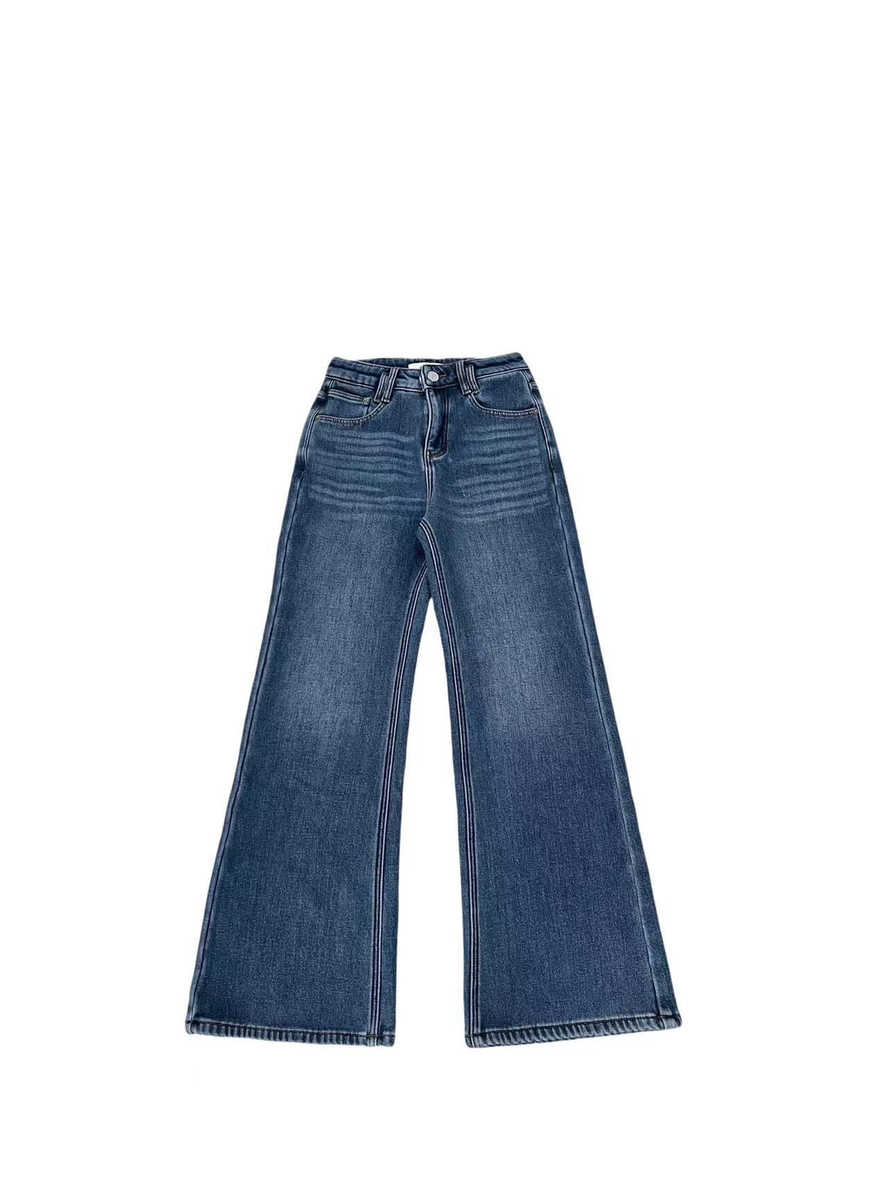 女装；88812高腰加绒微喇牛仔裤