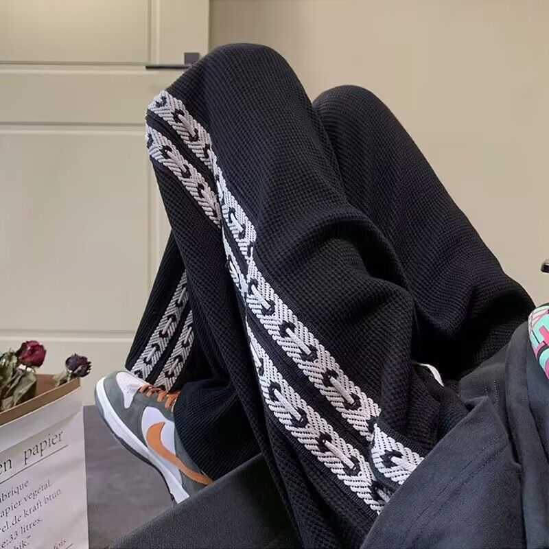 美式高街华夫格裤子男士夏季潮牌卫裤男生宽松直筒阔腿休闲长裤子