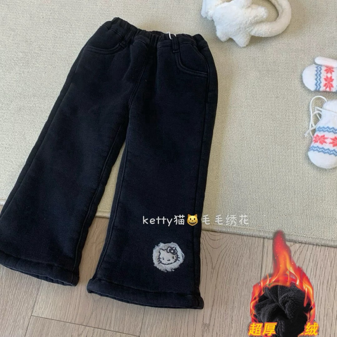 女童加绒裤子冬季新款加厚绒洋气绣花中小童牛仔裤女宝宝加绒裤子