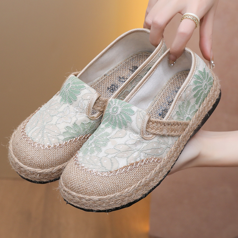 春夏季新款老北京亚麻布鞋女民族风绣花渔夫鞋一脚蹬学生懒人鞋 