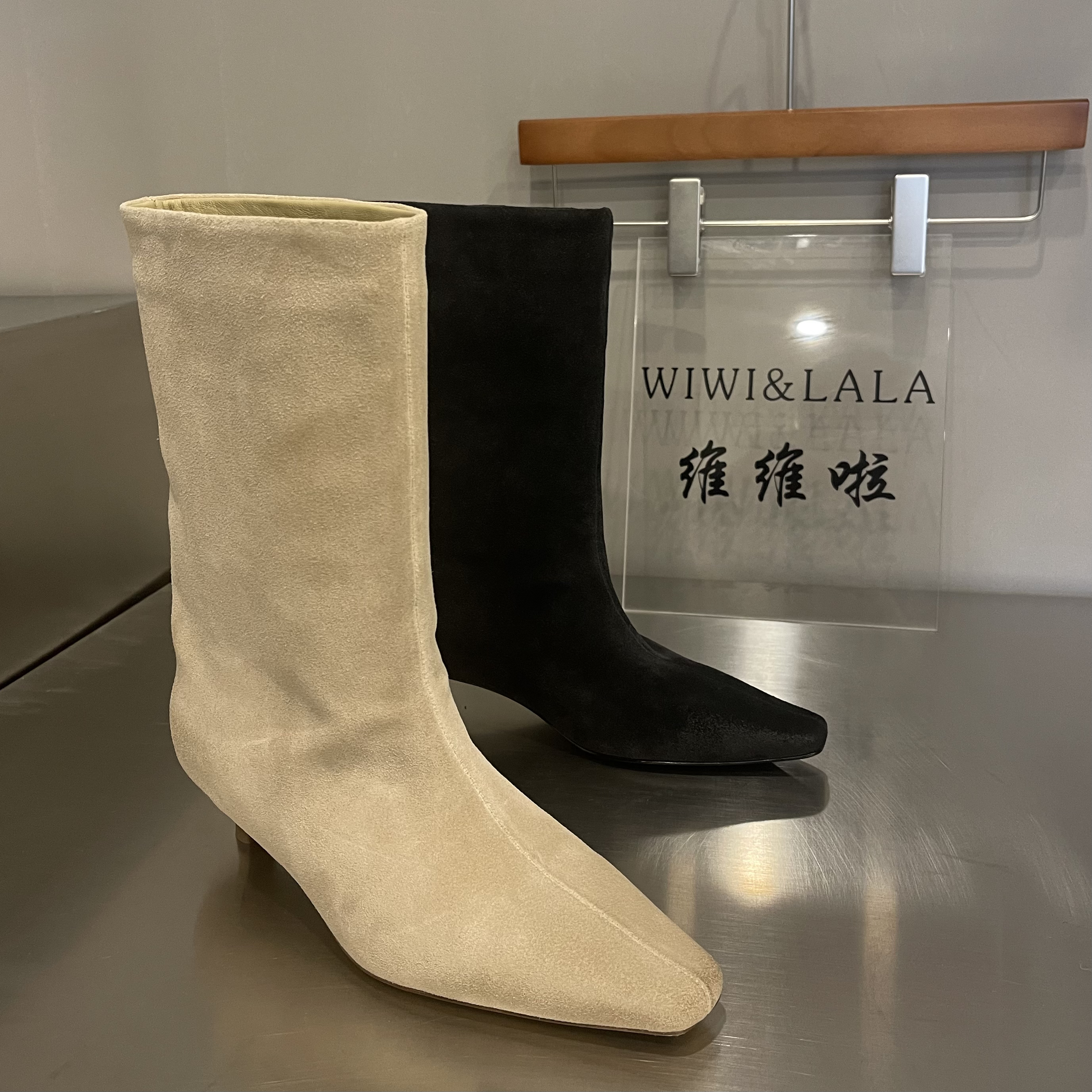 【维维啦】AW25秋款牛京方头小跟鞋小跟中靴6280–1短靴