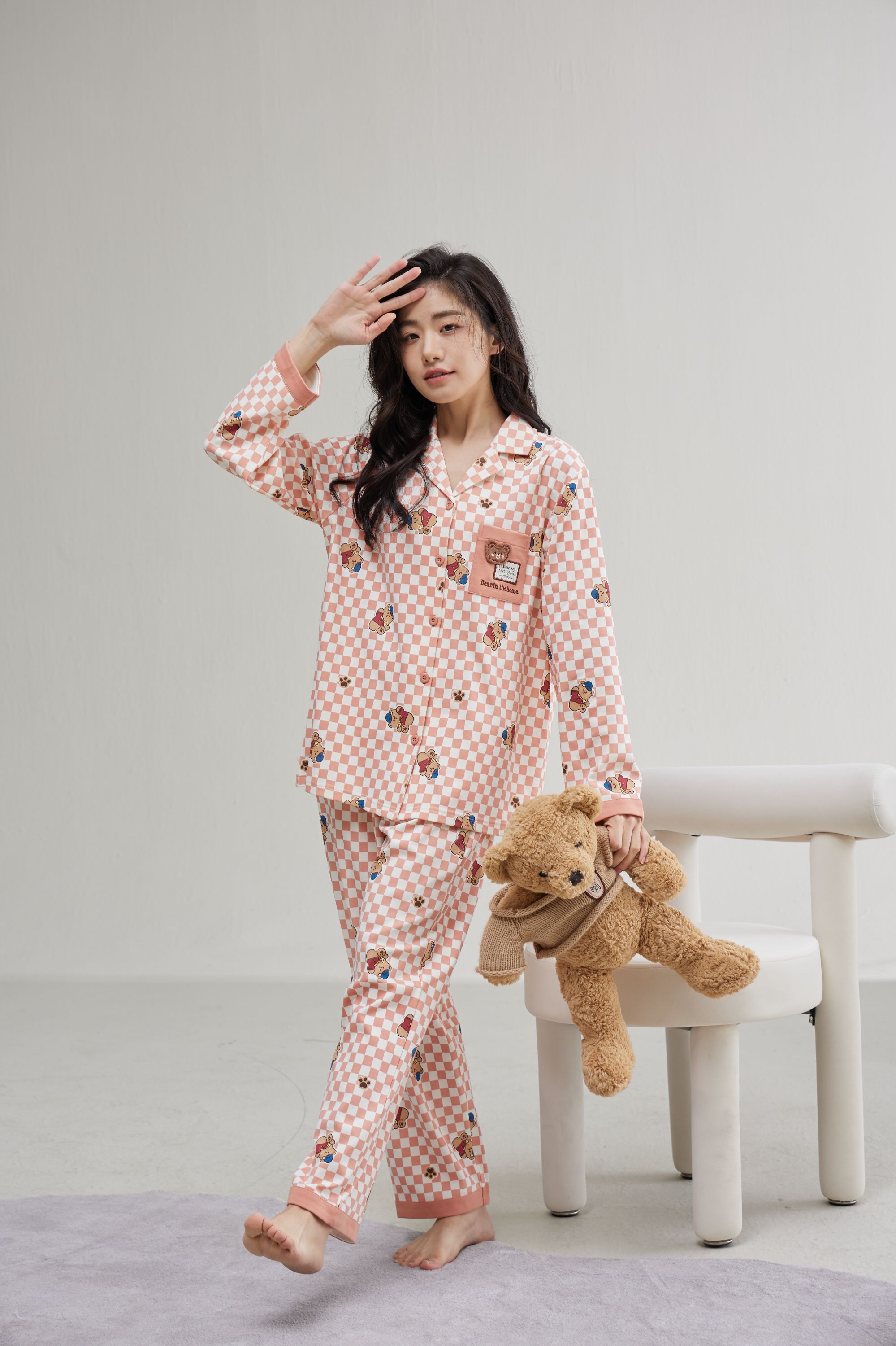 芬腾A312春秋天新款长袖长裤开衫翻领甜美少女家居服