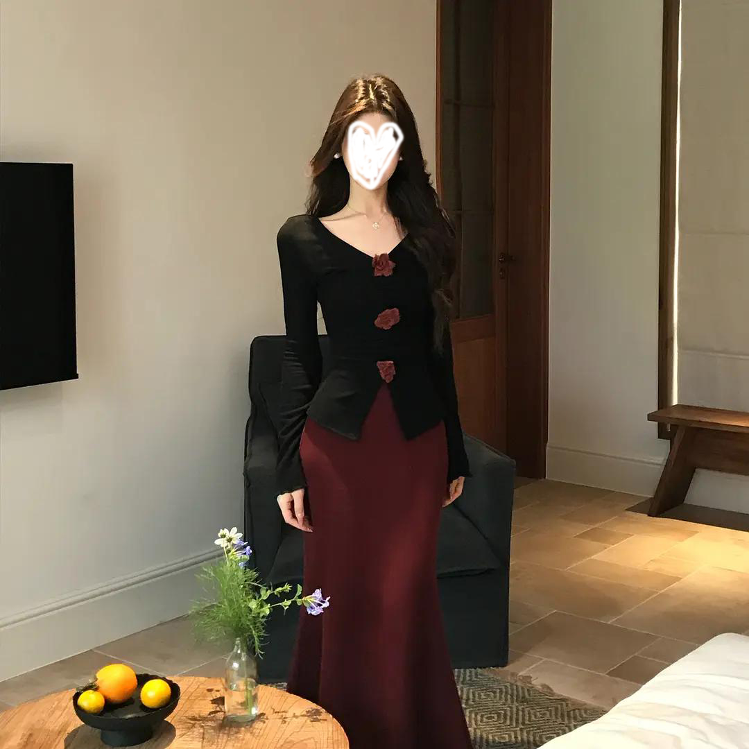 运补 【夜宴玫瑰】V领玫瑰黑上衣酒红长裙气质高级显瘦套装