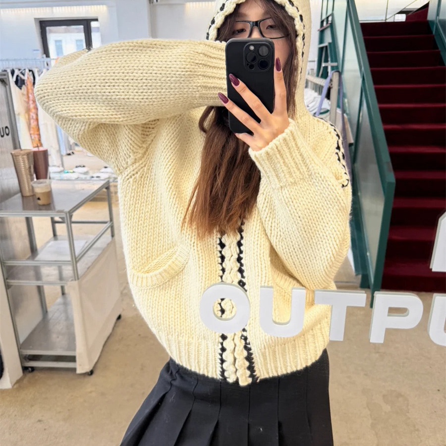 韩国op*n yy麻花编织拉链连帽卫衣毛衣