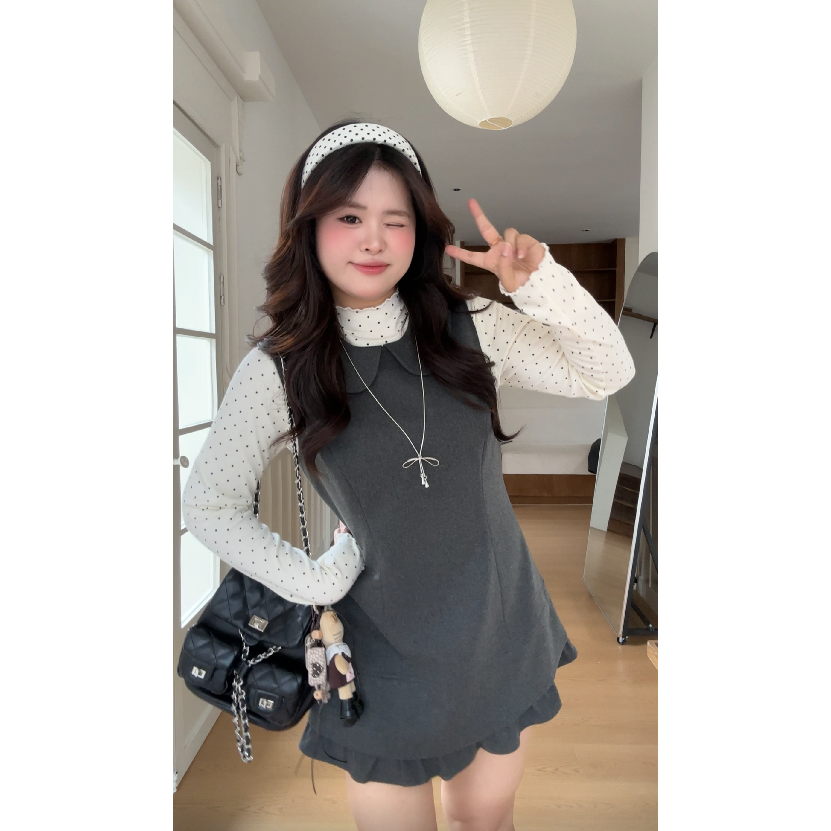 【梗豆物语】大头婷微胖定制波点内搭上衣搭配呢子背心裙套装 ZX202