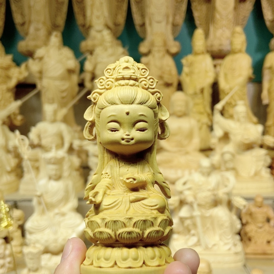 木10公分黄杨木材质坐莲观音