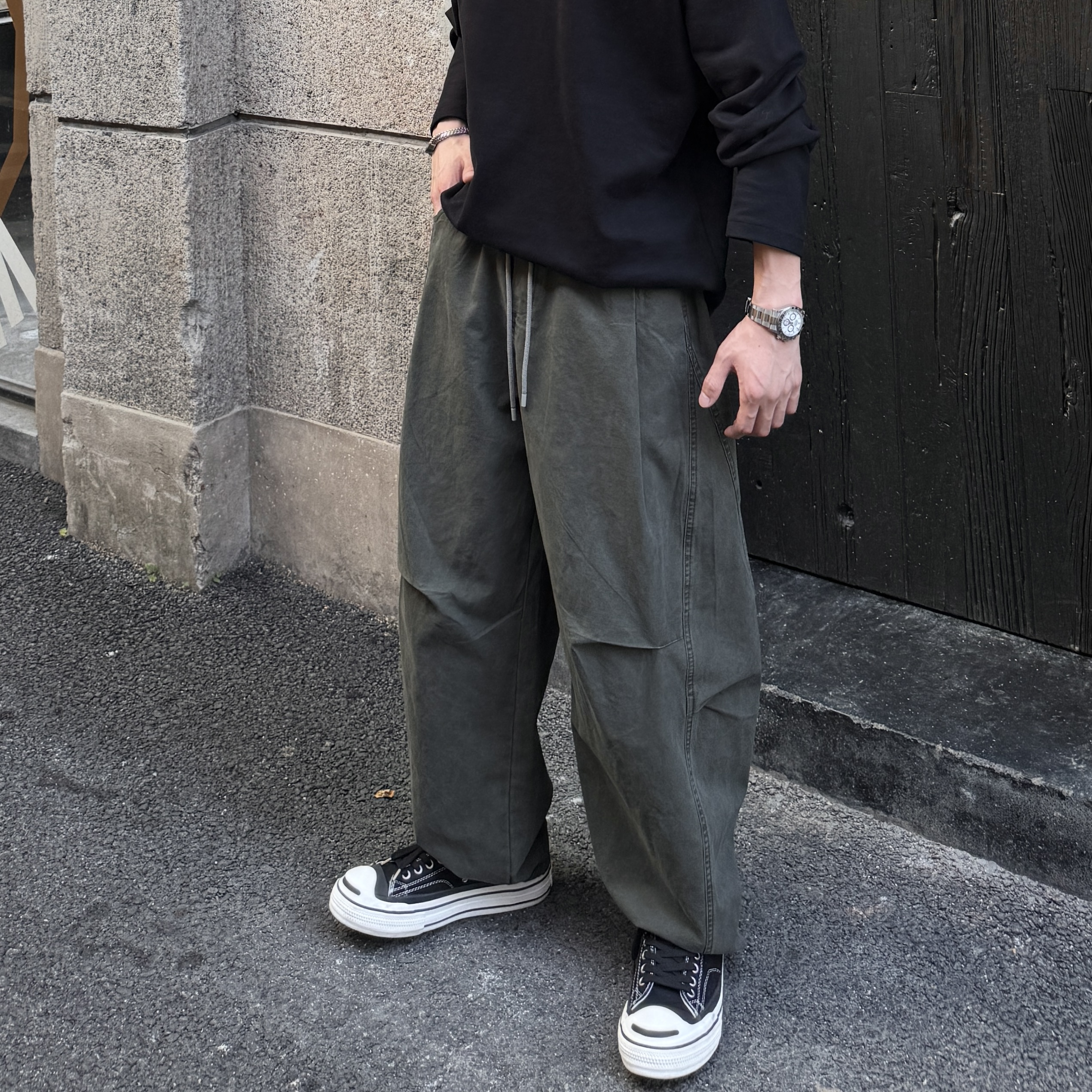 AAL秋季宽松ins水洗直筒港风百搭工装弯刀裁剪男士休闲裤