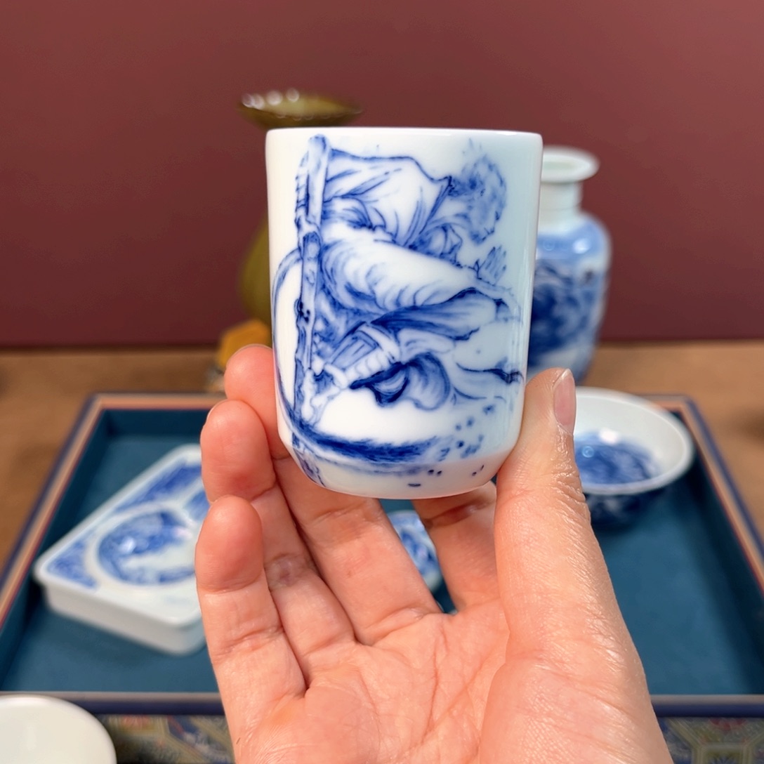 青花悟空玉泥杯杯