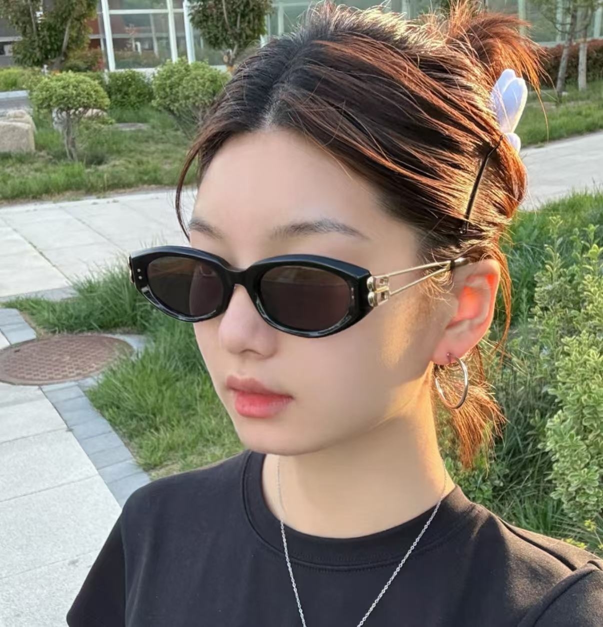 kunst银框黑色猫眼遮光眼镜