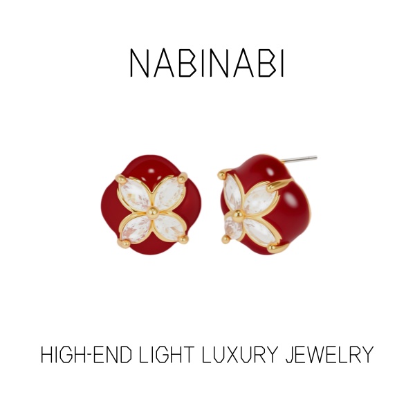 铜合金陶瓷耳饰 0458欧美时尚轻奢滴油四叶草锆石耳钉高级感复古