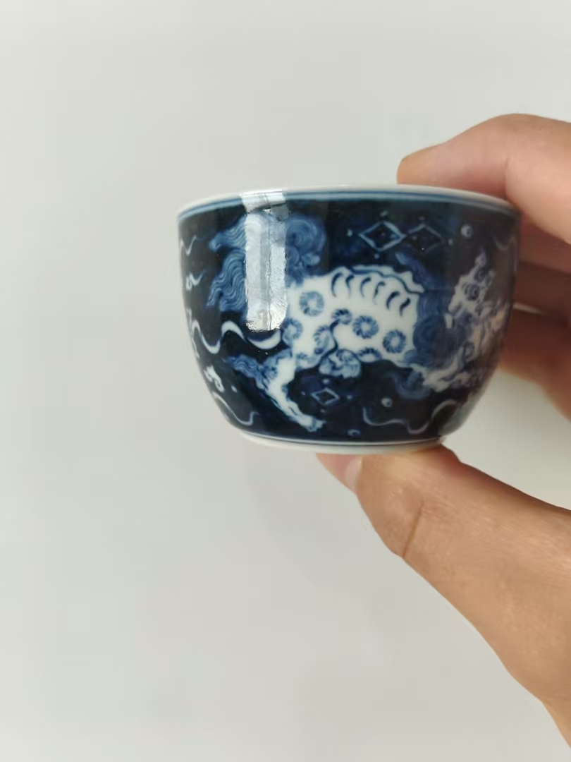 双狮混绣球  小缸杯  青花  满工满绘茶杯陶瓷