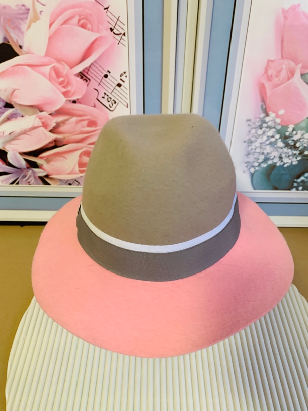 帽子纯羊毛粉色礼帽秋季秋冬女拼色草帽女士百搭韩版盆帽休闲时尚