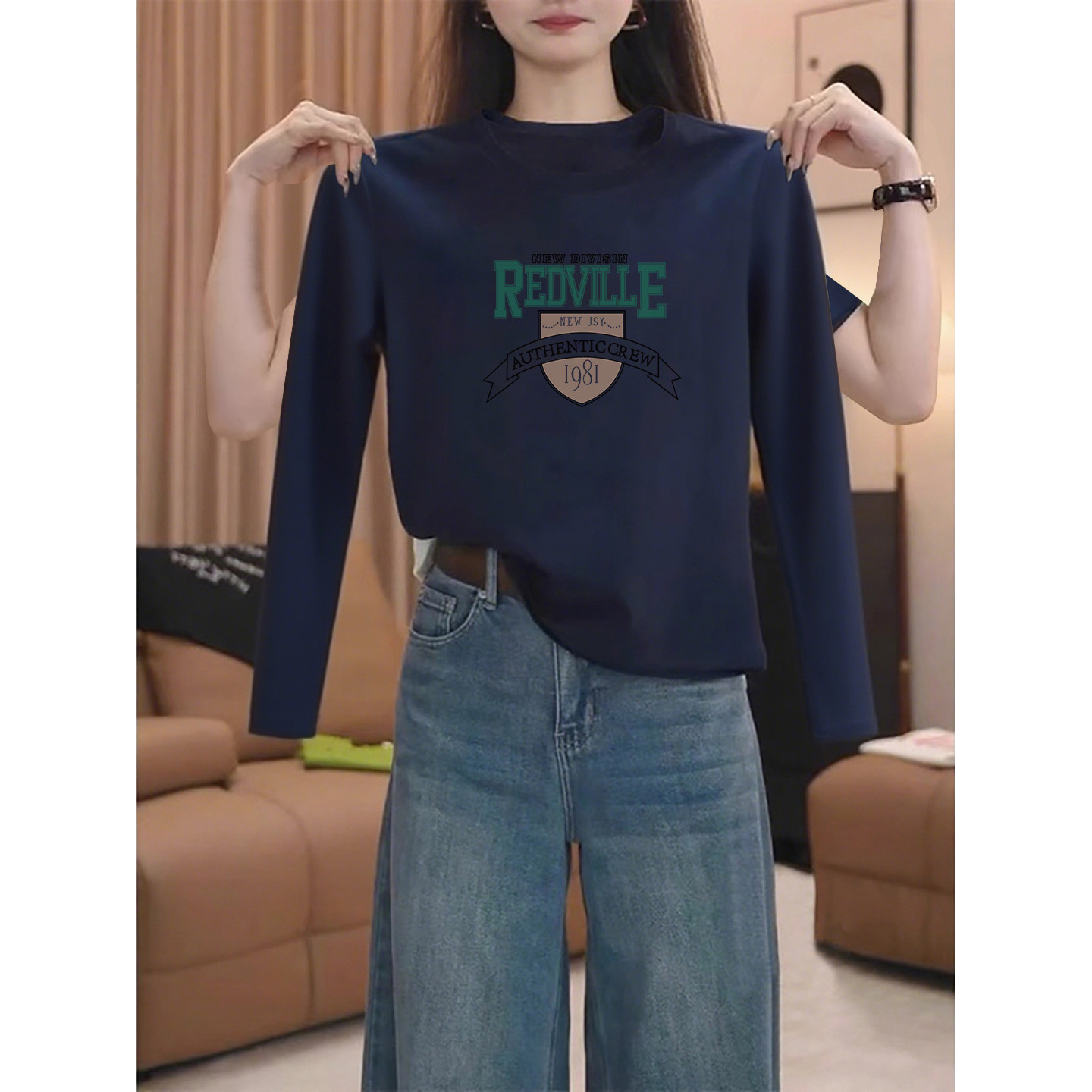 欧货复古字母长袖t恤女2025新款春秋冬季修身显瘦圆领上衣打底衫