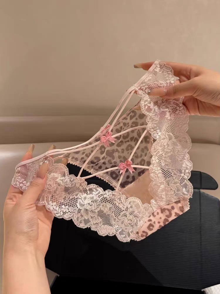 【LM】纯欲轻奢性感镂空女豹纹蕾丝欧美交叉系带低腰纯欲火辣三角裤