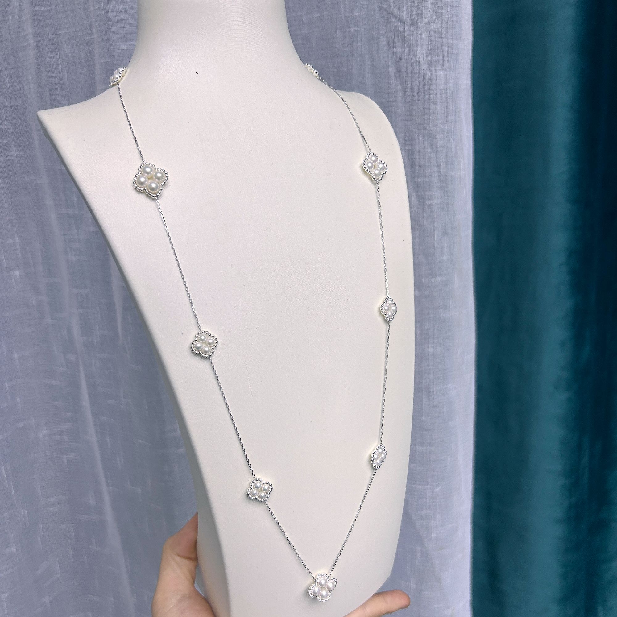 淡水珍珠四叶草毛衣链 3-6mm S925银 LD053-1（80cm左右）