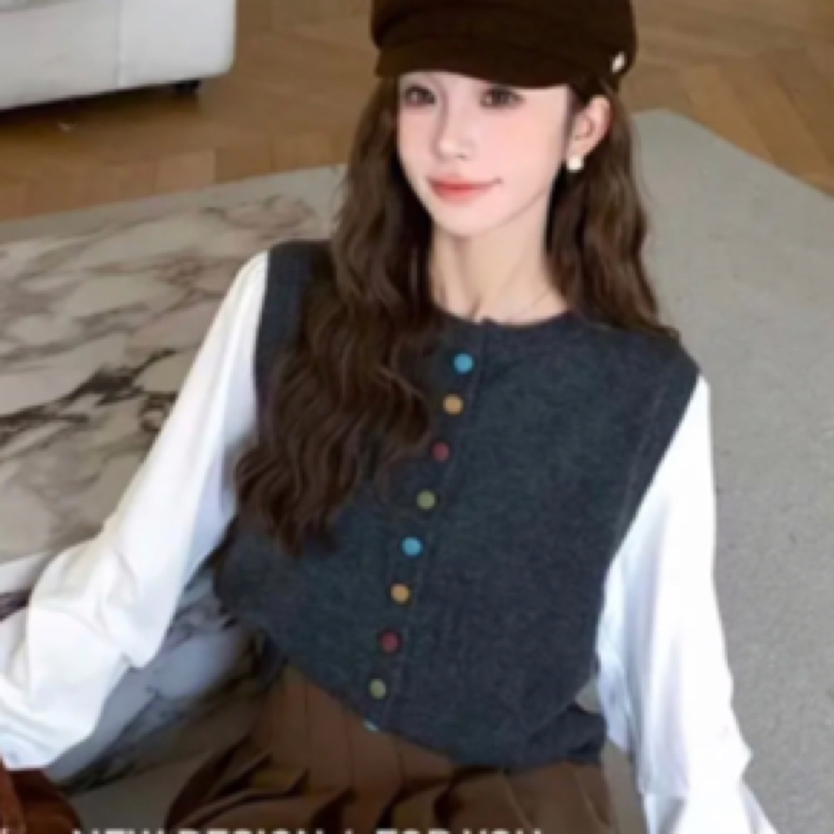 欧货宽松休闲厚款百搭圆领彩色女设计感拼接衬衫