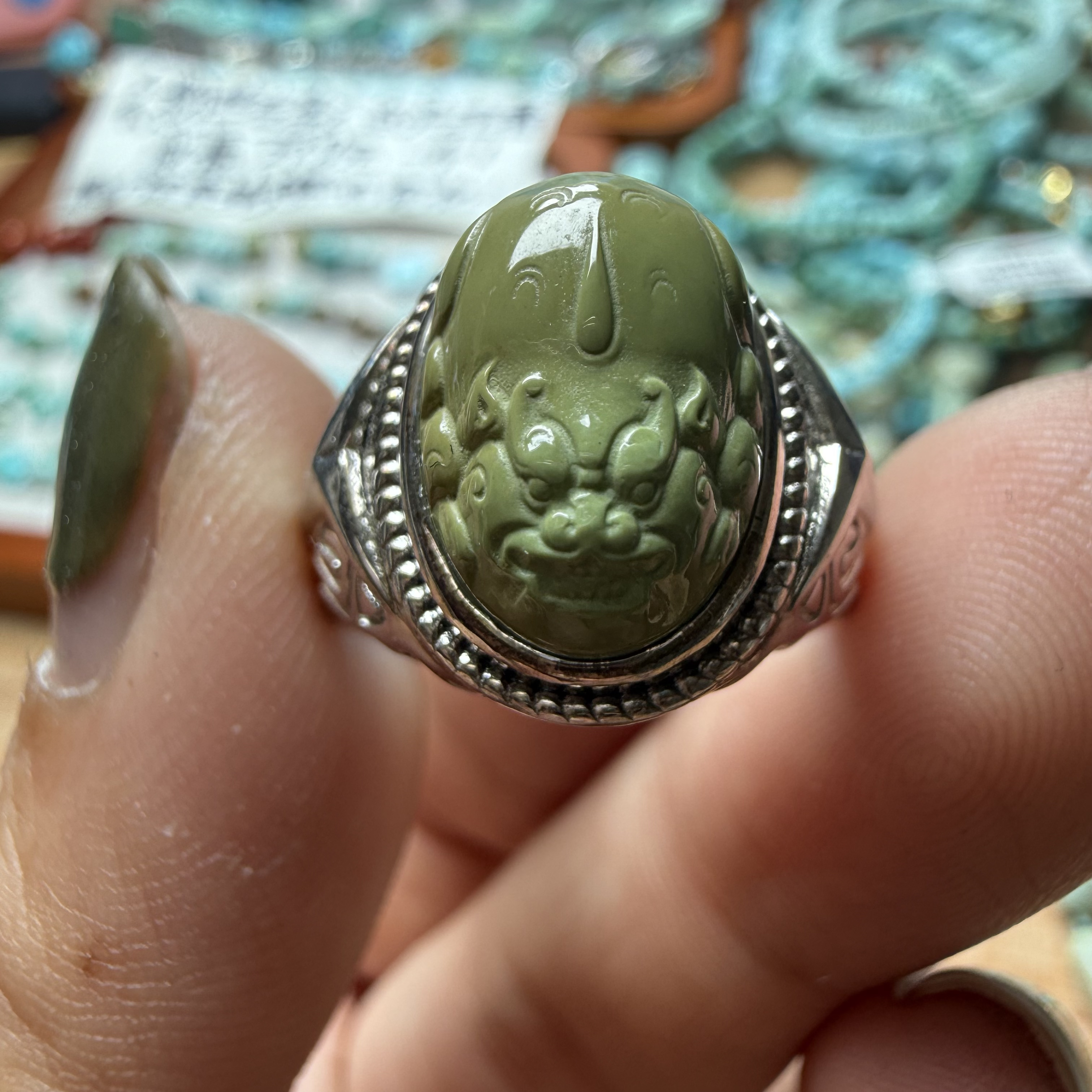 原矿纯天然无优化绿松石正宗老油绿招财貔貅男戒保真原矿s925银