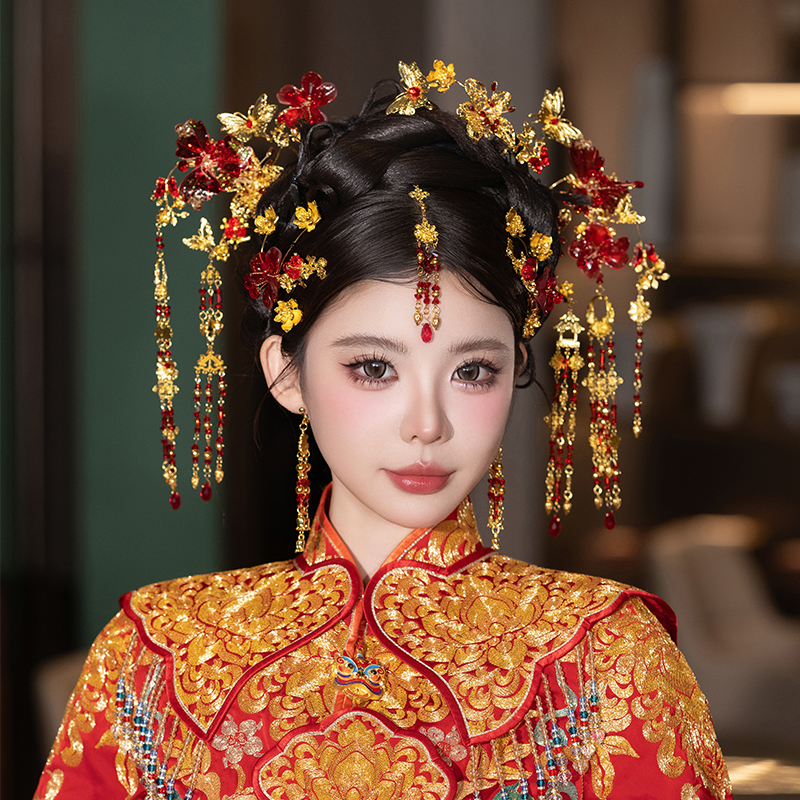 G400新娘中式金红撞色头饰古风精致喜字流苏秀禾服龙凤褂结婚发饰