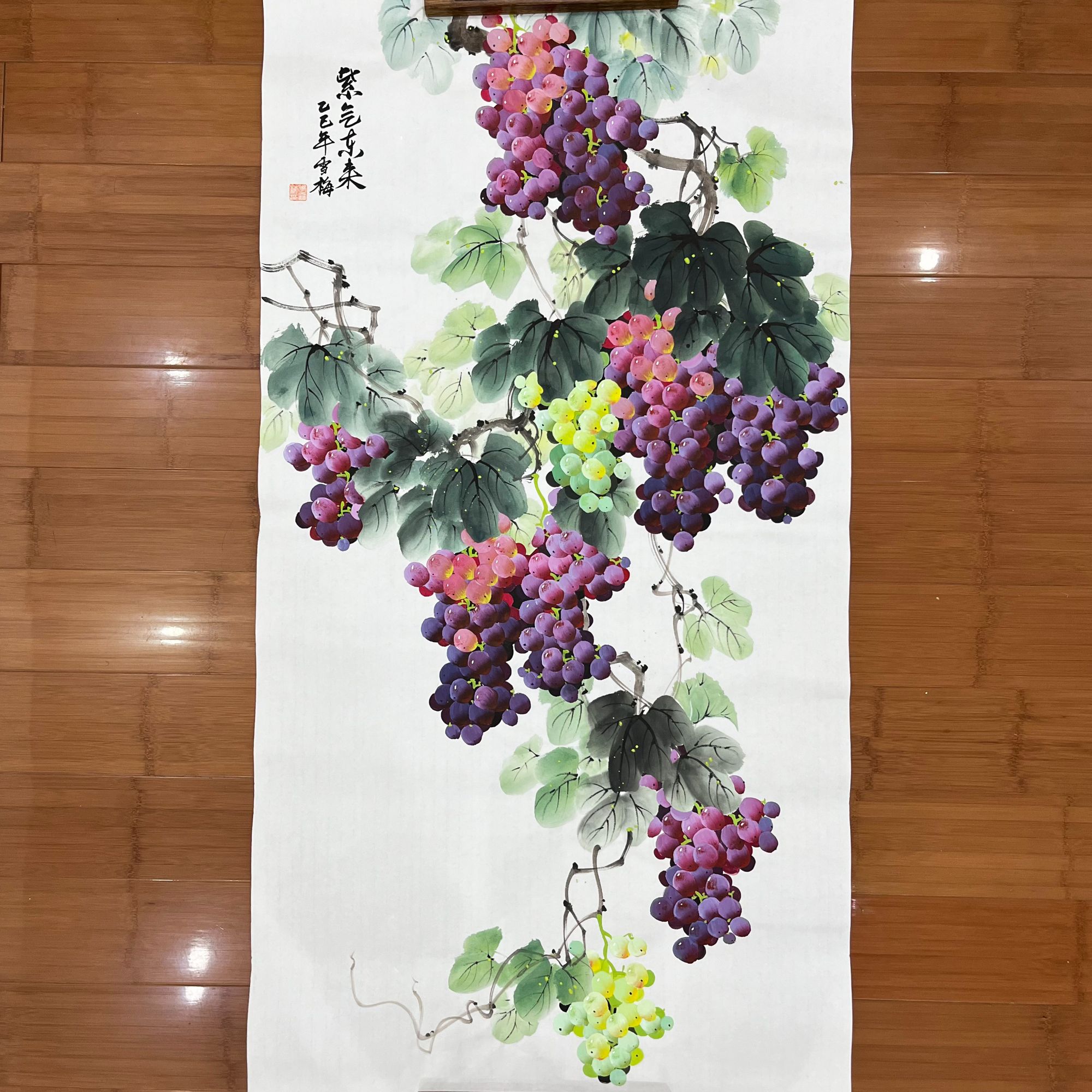 李雪梅手绘亲笔葡萄国画四尺竖版玄关走廊中堂墙面装饰画138*68cm