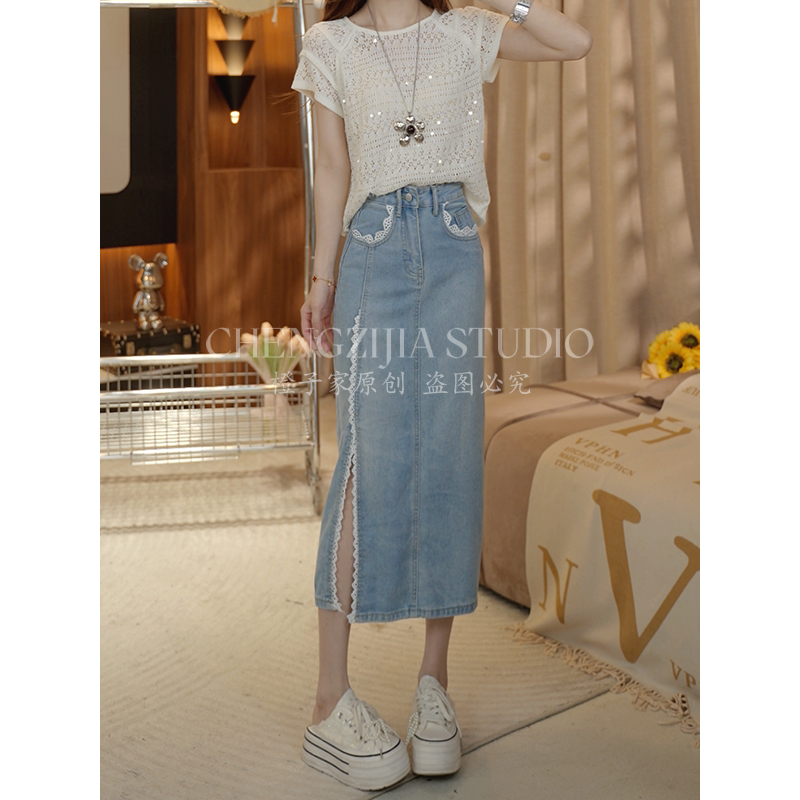 【春深似海】春季新款时尚休闲直筒显瘦蕾丝百搭牛仔裙LK2501636