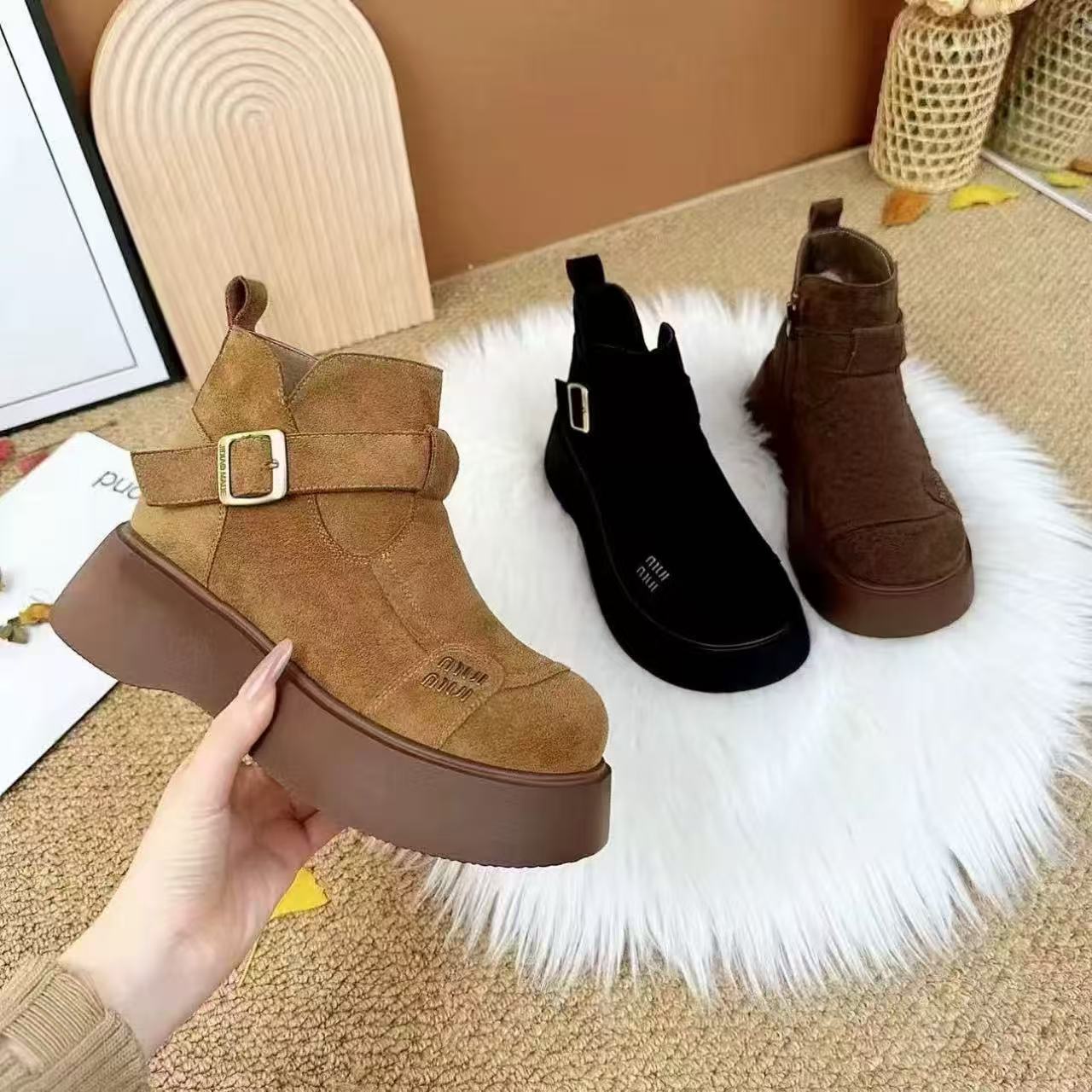 真皮厚底马丁靴女2025新款冬季加绒英伦风显瘦增高勃肯鞋短靴（Y5）