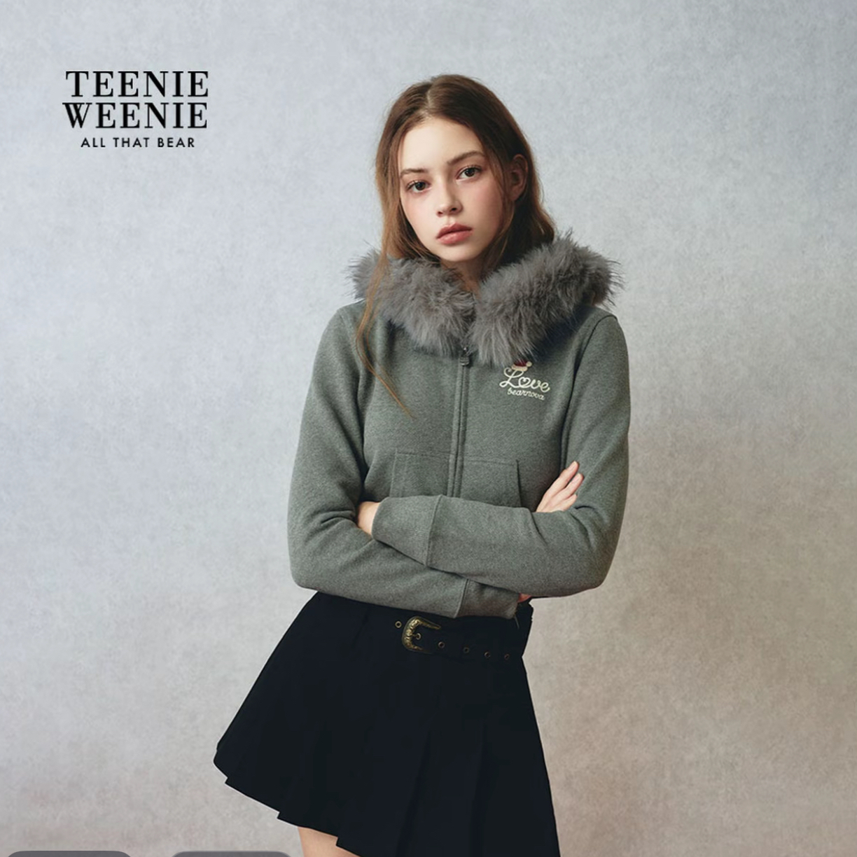 小熊女装卫衣冬季新款毛领短款拼接连帽开衫外套YTMZ254CL1B