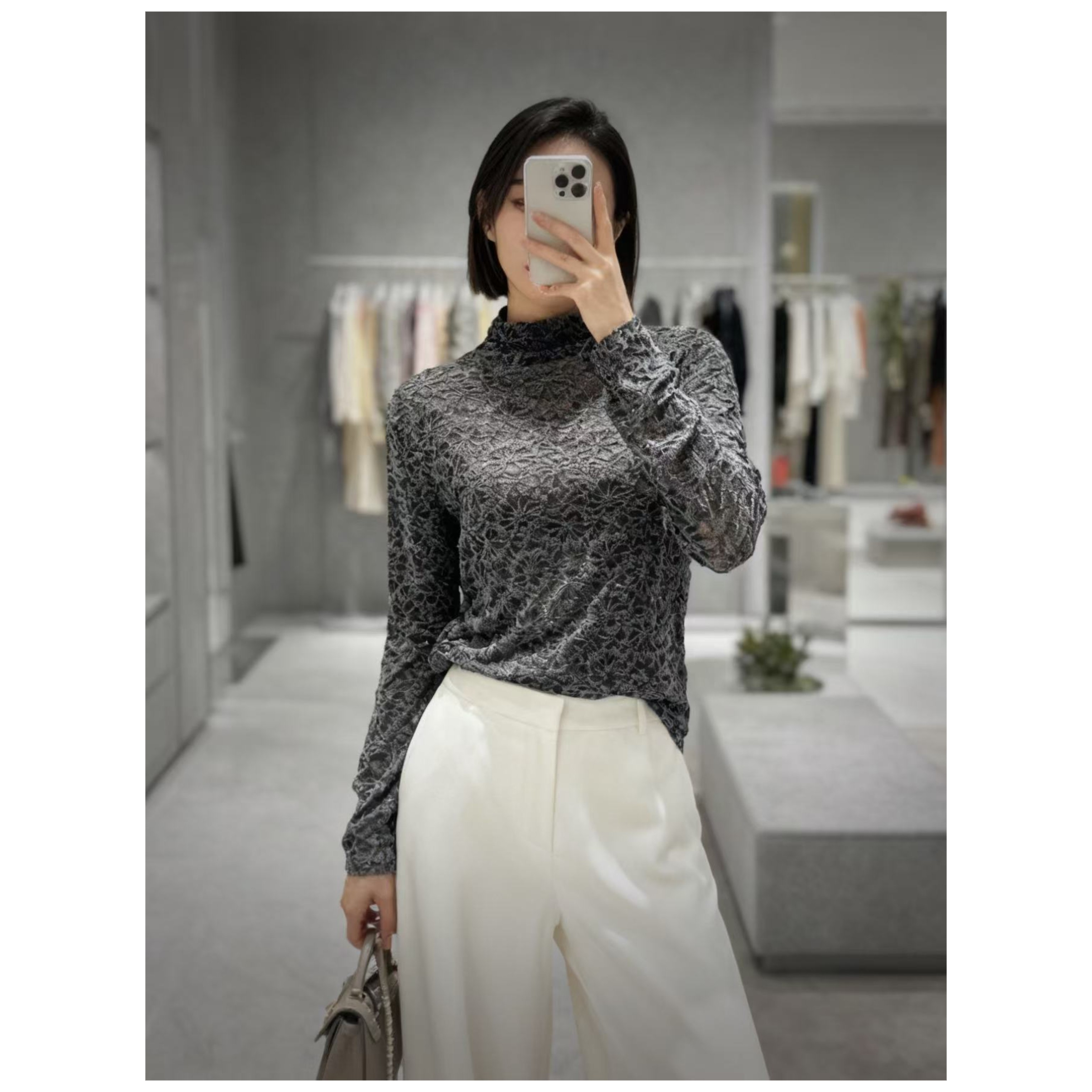 L胸92-140长63立体植绒满花气质网纱蕾丝打底长袖上衣 4403