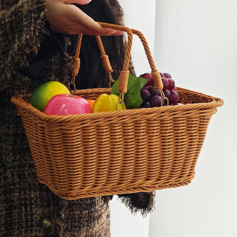 Q88 W1中式家用手提菜篮手工长方形买菜购物篮野餐篮水果篮草莓篮