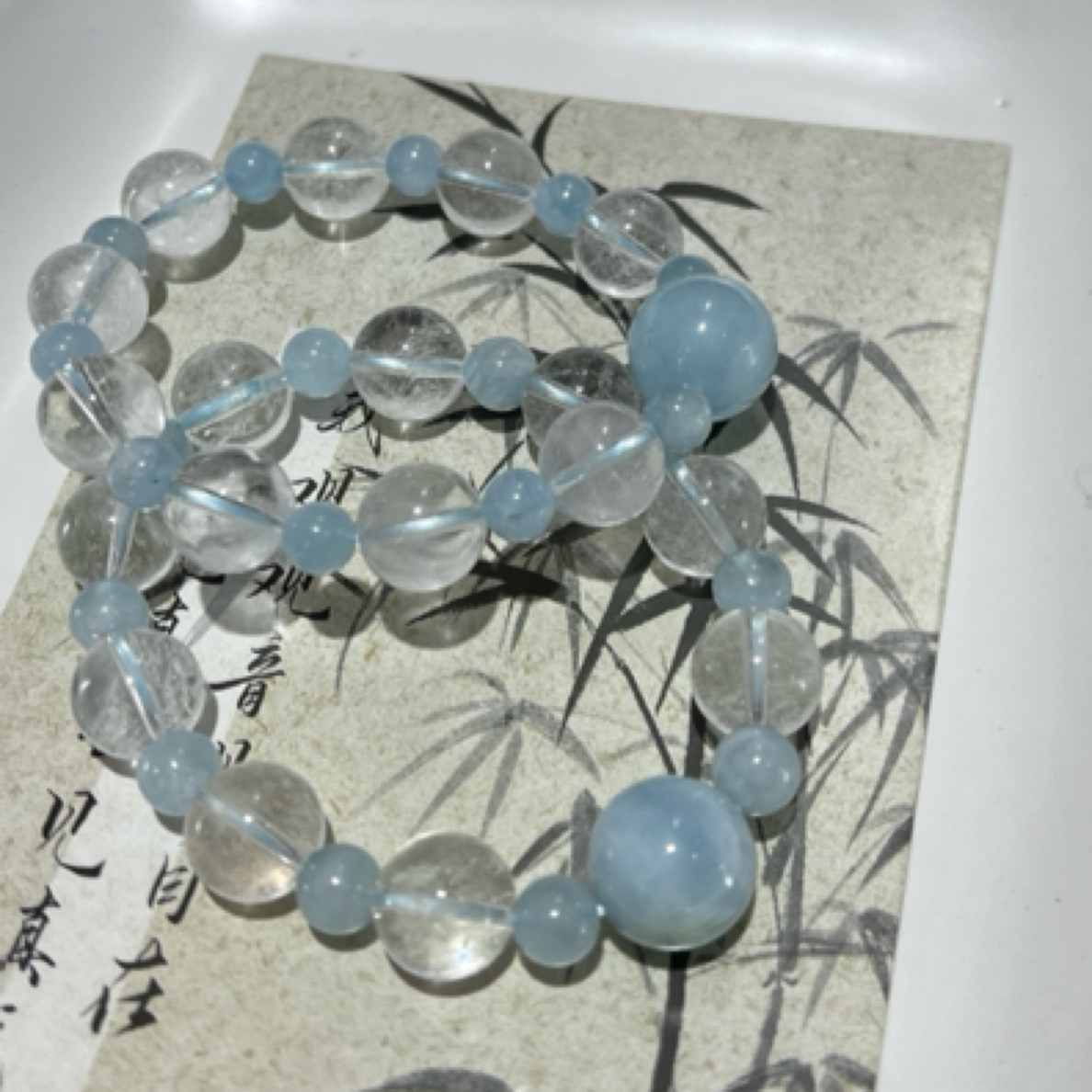 【月月家】I064 原创白水晶+海蓝宝手串12-13mm多样性发其一