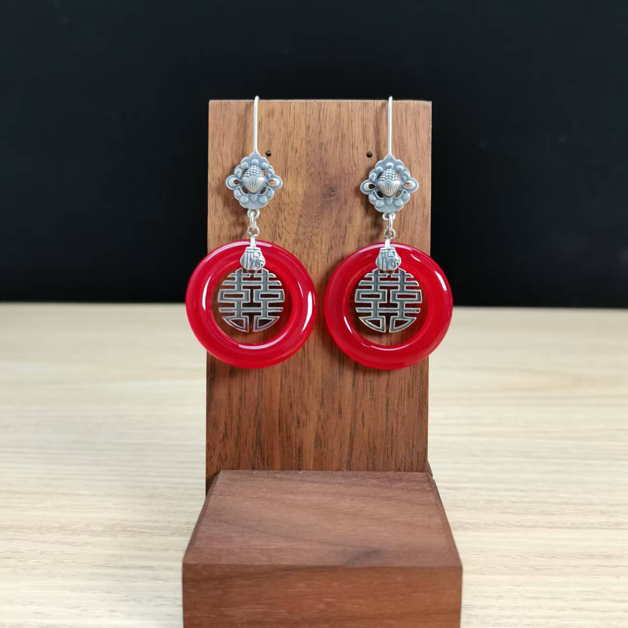 925银耳饰 925银平安扣喜字耳环女复古民族风国风红色
