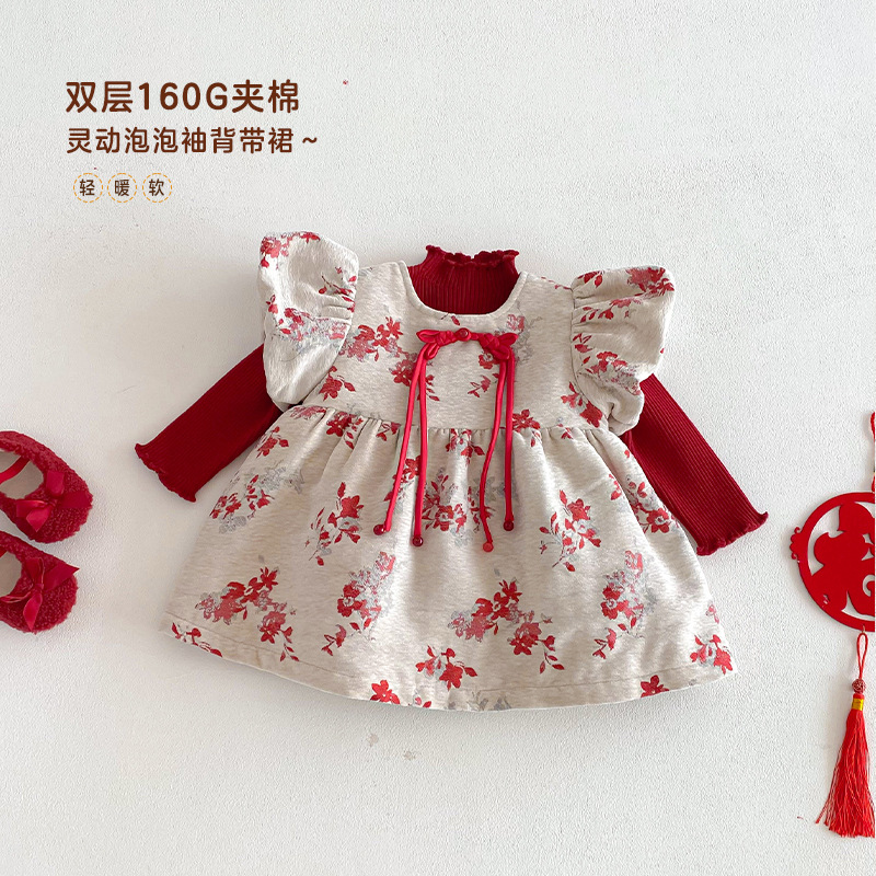 女童洋气拜年服冬季宝宝复古碎花夹棉连衣裙儿童冬装裙子