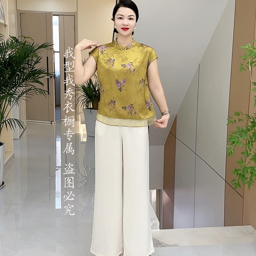 K252夏季新款时尚两件套新中式中国风套装中年妈妈装遮肉显瘦透气