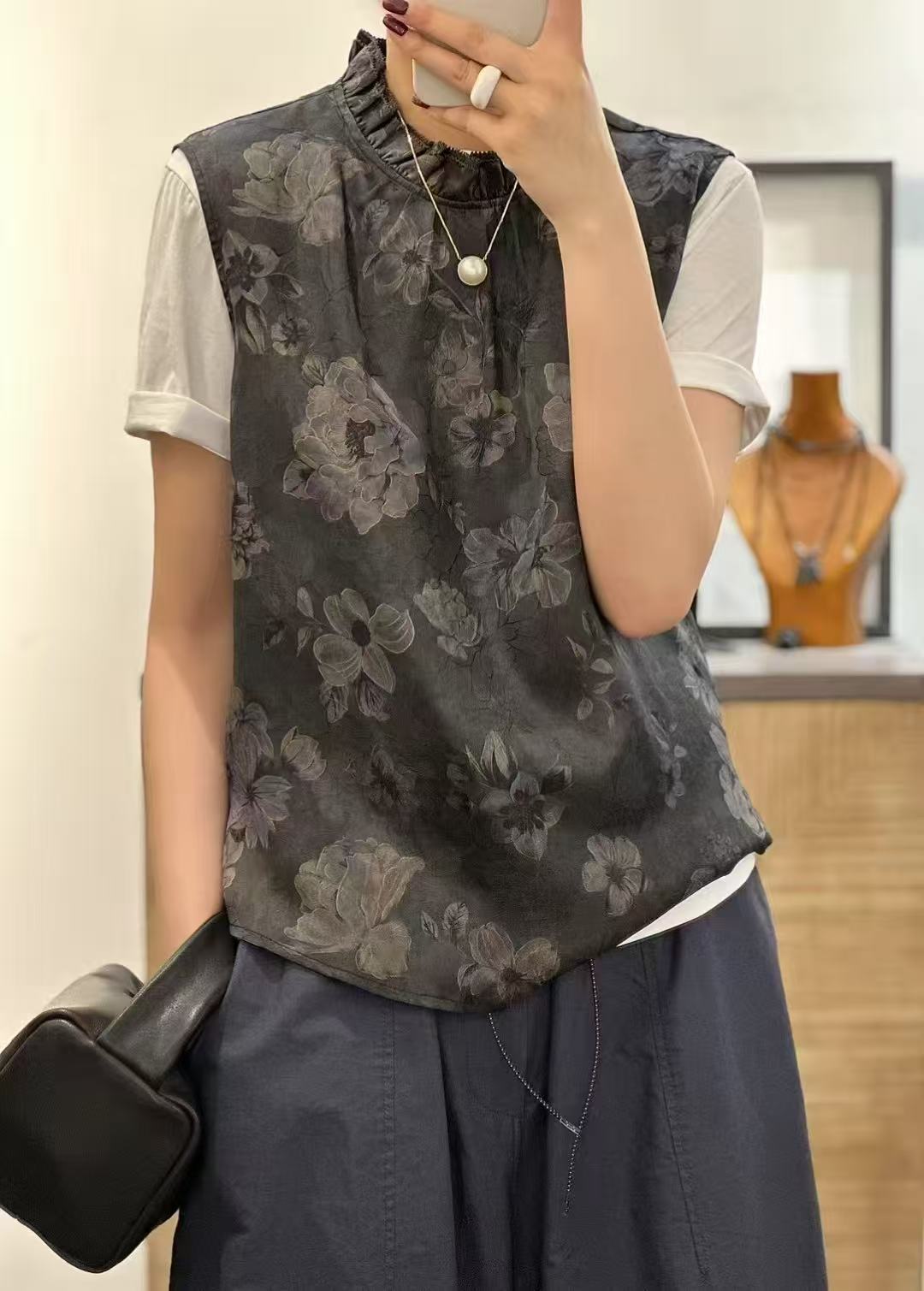 新中式国风时尚女装荷叶边立领背心印花上衣